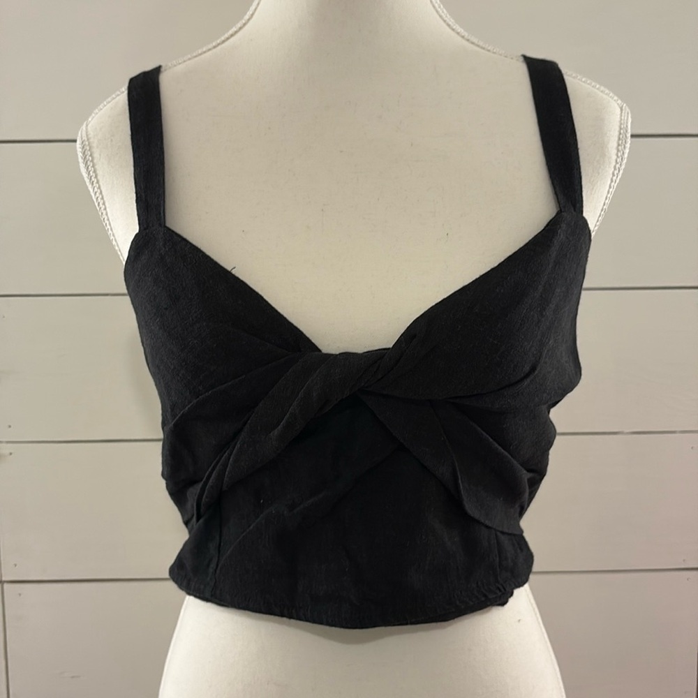 Black Knotted Linen Crop Top